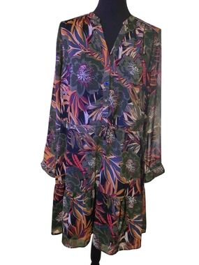 Promod Tropical Floral Long Sleeve Tiered Dress in Green and Orange